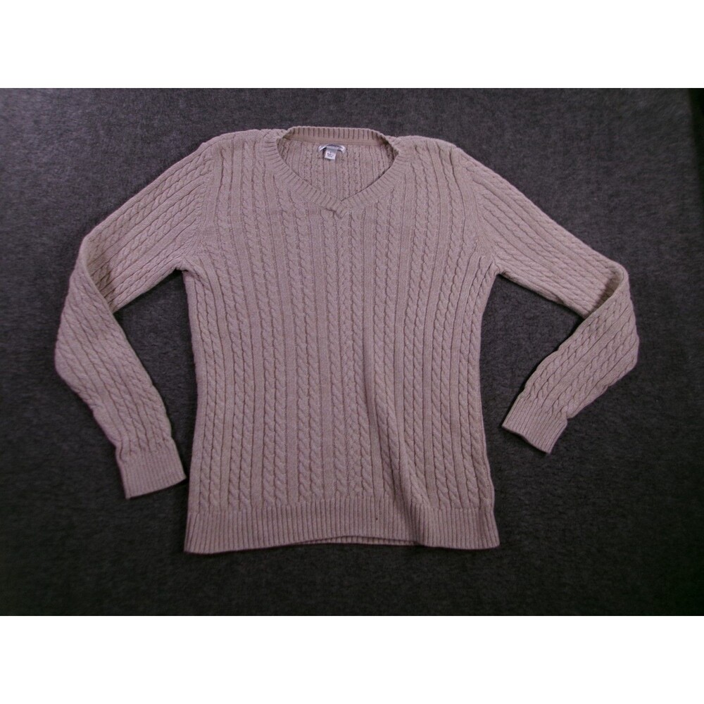 Croft Barrow Sweater Women Large Tan V Neck Cable Knit Causal Office Cozy Lounge